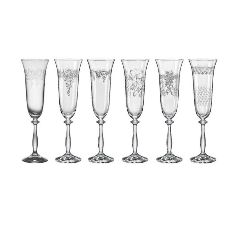 Crystalex Sektglas Royal mit unterschiedlichen Ornamenten, Kristallglas, Kristallglas, 6 Gläser mit verschiedenen Ornamenten, Pantografie von Crystalex