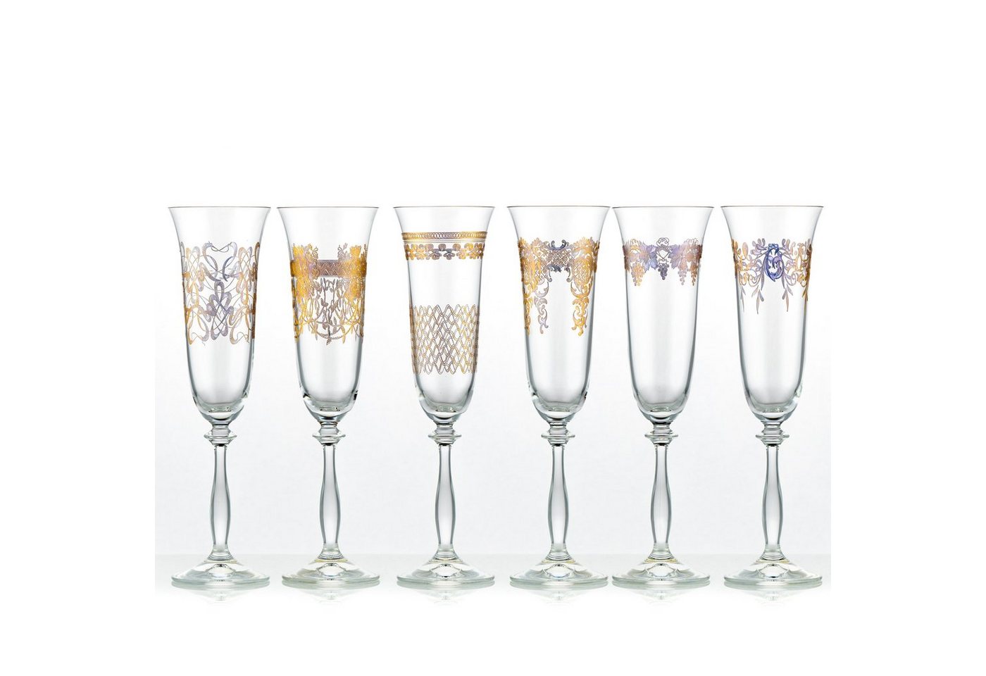 Crystalex Sektglas Royal unterschiedlichen Ornamenten Gold Sektgläser 190 ml 6er Set, Kristallglas, Pantografie in Gold, Kristallglas, 6 unterschiedliche Ornamente von Crystalex