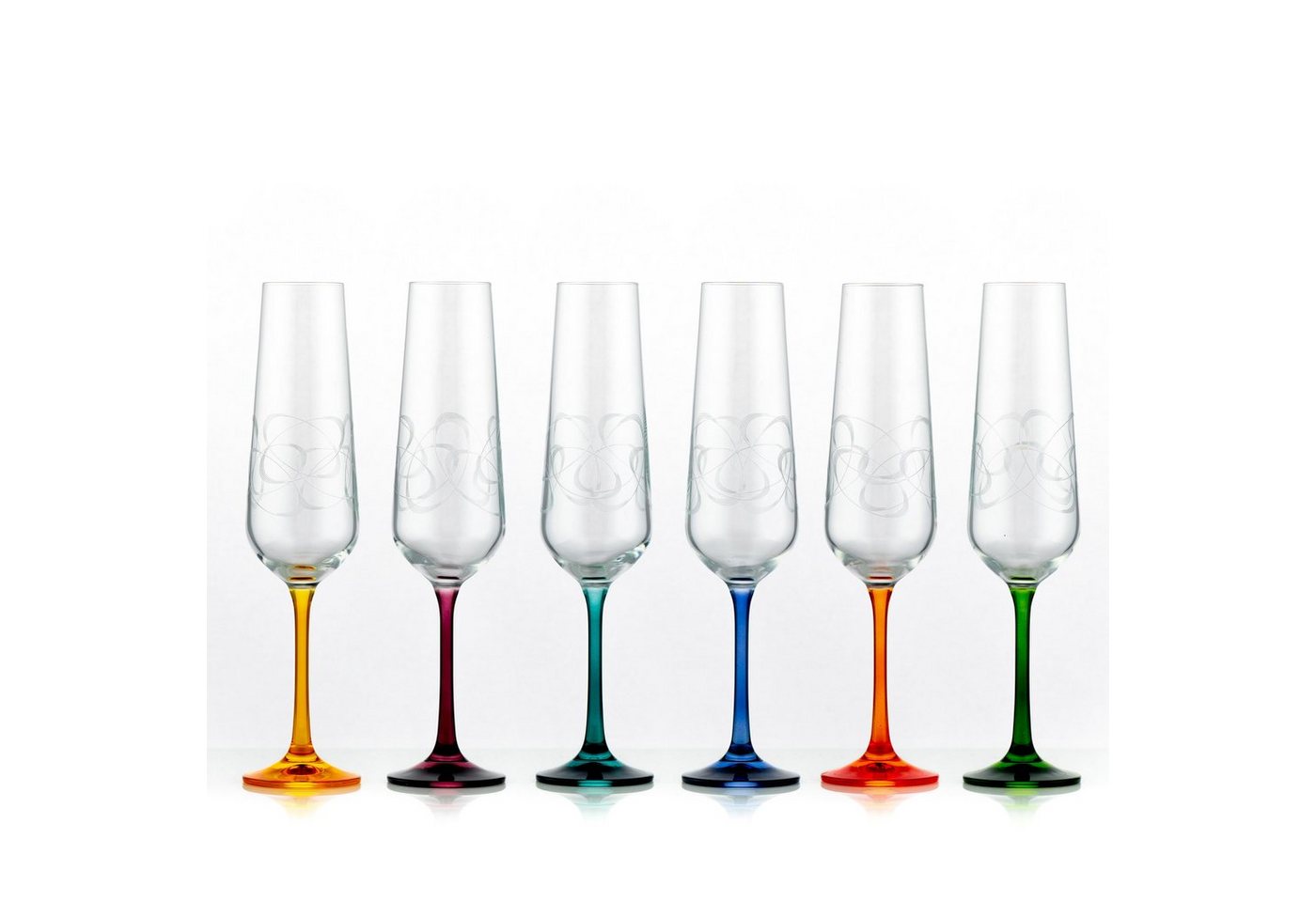 Crystalex Sektglas Sandra (bunter Fuß) 200 ml 6er Set, Kristallglas, Kristallglas, mehrfarbig, Gravur von Crystalex