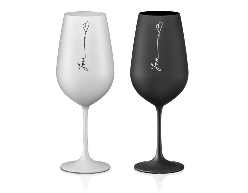 Crystalex Weinglas Love Forever Kristallglas in schwarz-weiß 550 ml 2er Set, Kristallglas, zwei farbig, schwarz und weiß in matt, Aufschrift Love von Crystalex