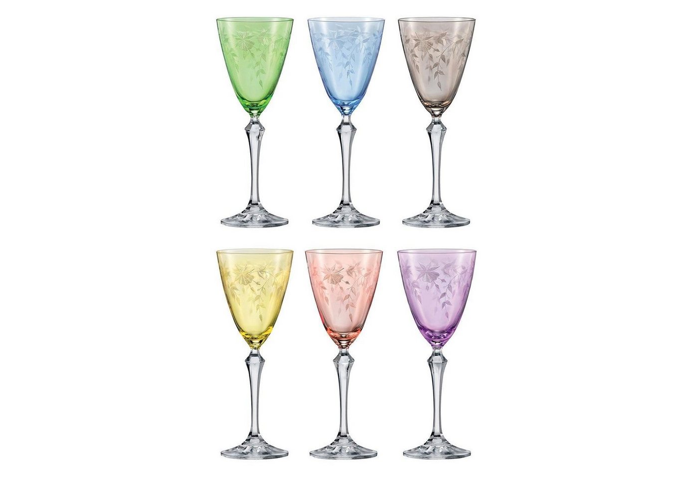 Crystalex Weinglas Weingläser Weinglas Kristallgläser Floral 250 ml 6er Set, Kristallglas, Gravur, 6 unterschiedliche Farben, Kristallglas, Bohemia von Crystalex