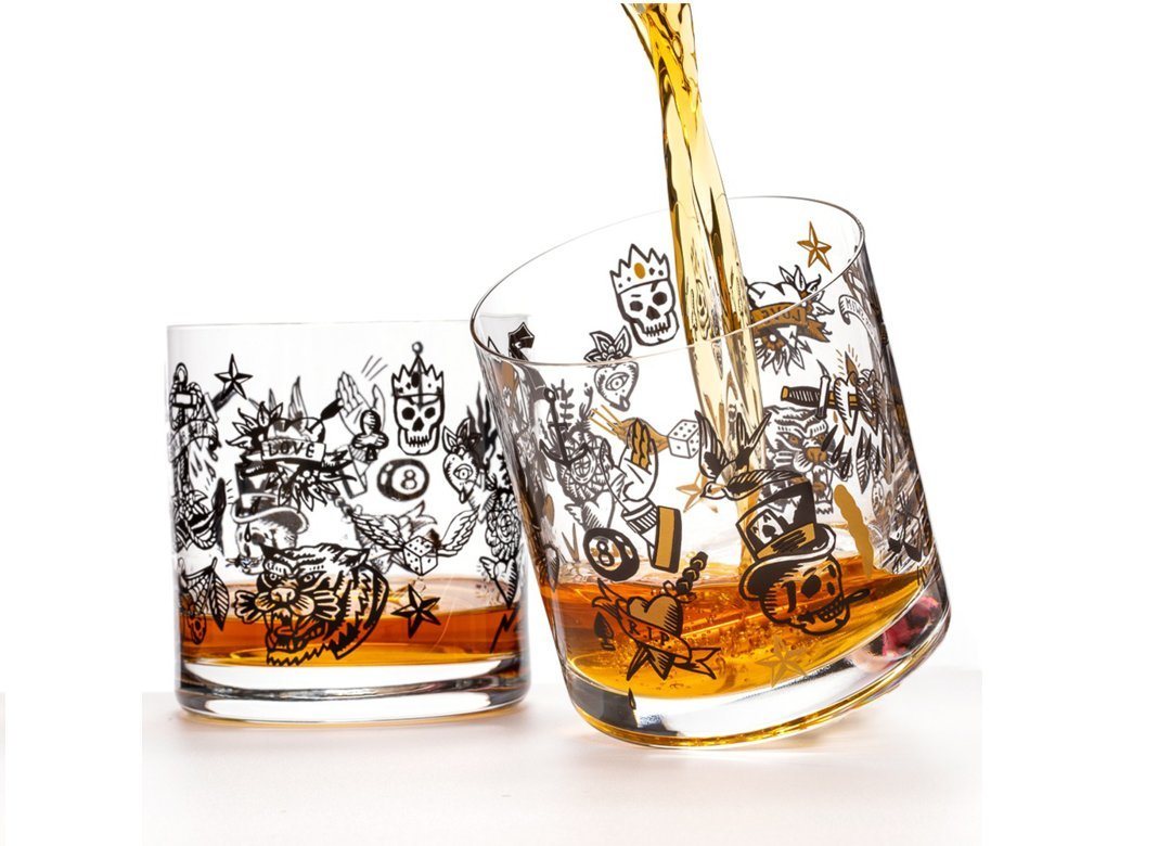 Crystalex Whiskyglas Tattoo Kristallglas Whiskygläser Wassergläser 410 ml 2er Set, Kristallglas, 2 unterschiedliche Motive von Crystalex