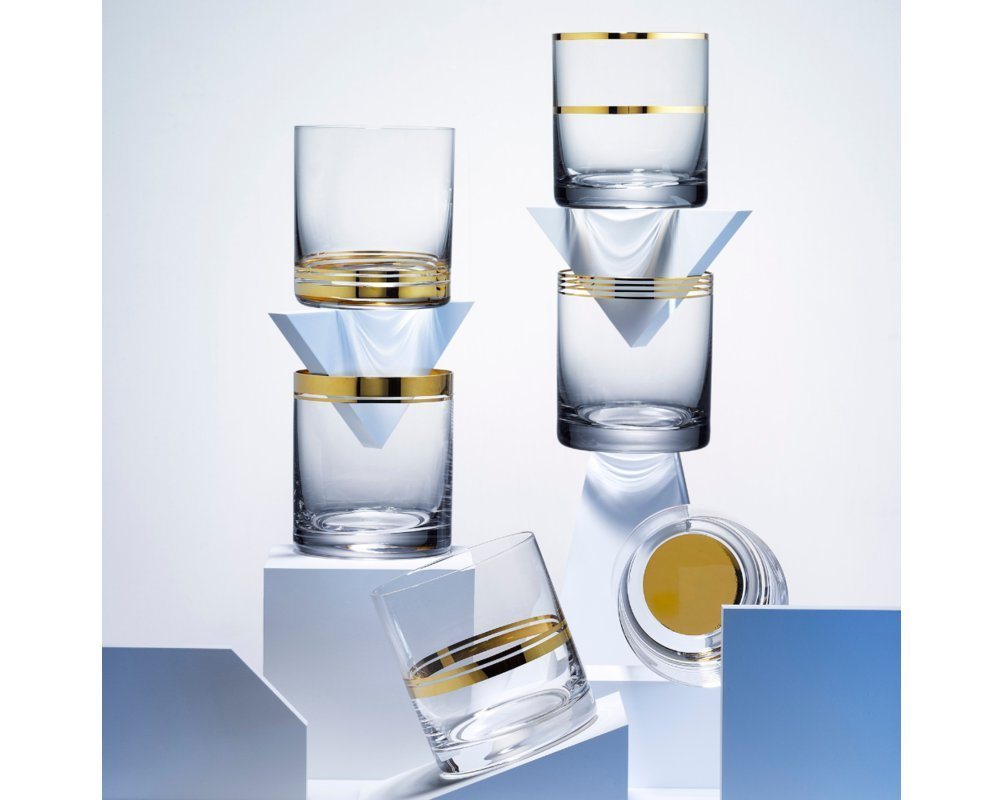 Crystalex Whiskyglas Whiskygläser Wasserglas Saftgläser Harmonics Barline Kristallgläser, Kristallglas, 6er Set, 6 unterschiedliche Modelle in ein Karton, Handbemalt, Gold von Crystalex