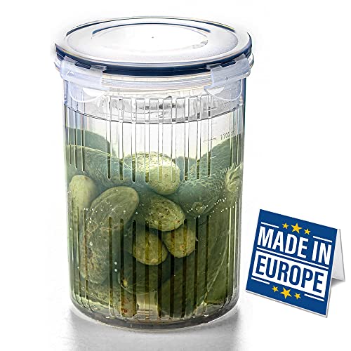 CRYSTALIA 1500ml Groß Gurkenglas mit Sieb, Pickle Jar With Strainer 100% BPA FREI Gewürzgurken Aufbewahrung, Essiggurken Behälter, Gurken Aufbewahrung mit Auslaufsicherem, Verschließbarem Deckel von Crystalia