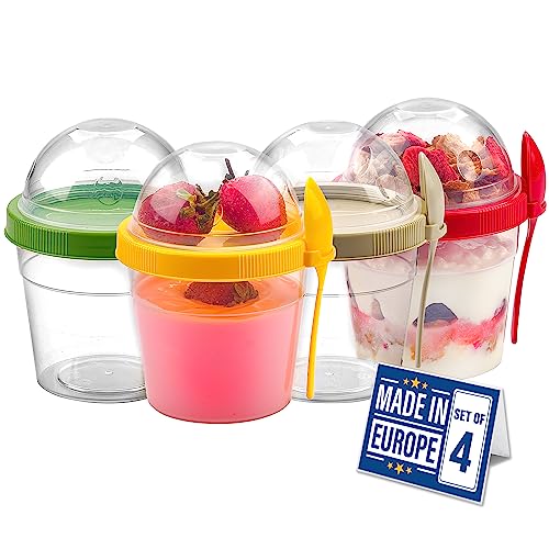 CRYSTALIA Joghurt Becher to Go mit Deckel Set 4 500ml 100% BPA FREI Müslibecher to Go, Porridge To Go, zum Frühstück, Obstbehälter Müslidosen Yoghurt to Go Becher mit Löffel von Crystalia