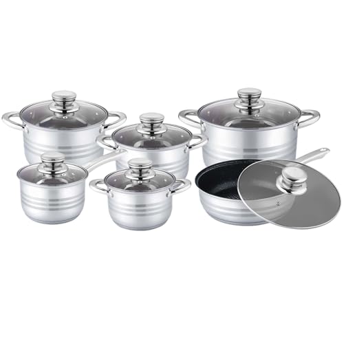 Crystals 12-teiliges Induktions-Edelstahl-Kochgeschirr-Set mit Glasdeckeln – hochglanzpolierte Aufläufe, Töpfe und Suppentöpfe – ofen- und spülmaschinenfestes Küchenkochgeschirr (Design – 1) von Crystals