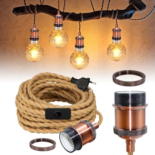 Antik Messing Hängelampe mit Stecker, 5.1M Red Copper Pendelleuchte Kit mit Schalter, Vintage Rustikal Hanfseil Hängeleuchte, Retro E27 Lampefassung mit Kabel, für Flur, Max.60W, Ohne GlüHbirne Antik Messing Hängelampe mit Stecker, 5.1M Red Copper Pendelleuchte Kit mit Schalter, Vintage Rustikal Hanfseil Hängeleuchte, Retro E27 Lampefassung mit Kabel, für Flur, Max.60W, Ohne GlüHbirne von Crzpchas