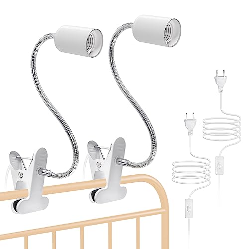 Crzpchas E27 Klemmlampe 2PCS Klemmleuchte, Weiß Leselampe Schreibtisch Buchlampe Lampensockel Halterung, mit 360°flexibel Schwanenhals und 220cm Kabel button 60w für Schlafzimmer Bett Büro von Crzpchas