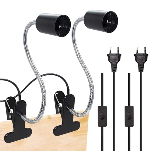 Crzpchas E27 Klemmlampe 2Pcs Metall Klemmleuchte, Schwarz Leselampe Schreibtisch Buchlampe, E27 Lampenfassung mit 360°flexibel Schwanenhals und 220cm Kabel button 60w für Schlafzimmer von Crzpchas