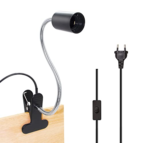 Crzpchas E27 Klemmlampe Metall Klemmleuchte, Schwarz Leselampe Schreibtisch Buchlampe, E27 Lampenfassung mit 35cm flexibel Schwanenhals und 220cm Kabel button 60w für Schlafzimmer von Crzpchas