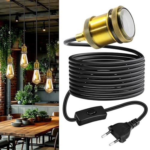 Industrielle Messing Hängelampe mit Stecker, 5M Schwarze Runde Kabel Pendelleuchte Kit, Vintage Kupfer E27 Lampefassung,Retro Metall Hängeleuchte mit Schalter für DIY Lampenschirm, Ohne Glühbirne Industrielle Messing Hängelampe mit Stecker, 5M Schwarze Runde Kabel Pendelleuchte Kit, Vintage Kupfer E27 Lampefassung,Retro Metall Hängeleuchte mit Schalter für DIY Lampenschirm, Ohne Glühbirne von Crzpchas
