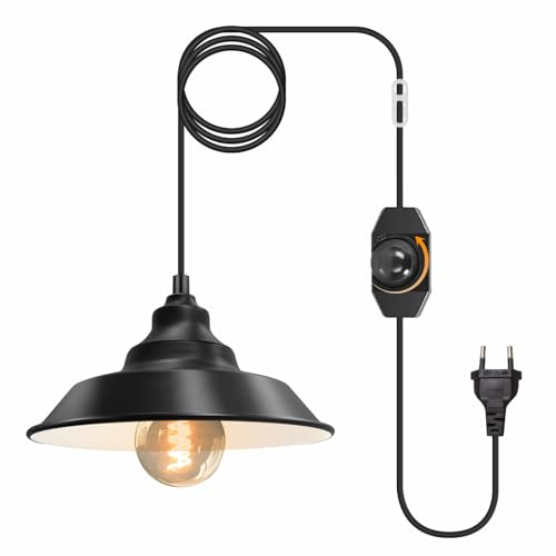 Metall Pendelleuchte Kit mit Schalter, Vintage Hängelampe mit Stecker Lampenfassung E27 mit 450cm Kabel Hängeleuchte Loft Kronleuchter Schwarz Lampe mit Stecker Max. 60W (mit Lampenschirm) von Crzpchas