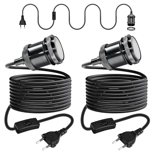 Retro Messing Pendelleuchte Kit mit Schalter in Kabel 5M, 2 Stück Schwarz Runden Kabel Hängelampe mit Stecker,Modern Industrielle Hängeleuchte,Vintage Perlenschwarz Kupfer E27 Fassung,Ohne Glühbirne von Crzpchas