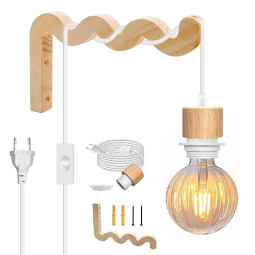 Rustikale Wandleuchte mit Stecker, Weiße Schlafzimmer Wandleuchten mit 5M Stecker in Kabel,E27 Nachttischwandleuchten mit 20X12CM Holz Wandhalterungen,Wandleuchte Innen für Wohnzimmer,Keine Glühbirne Rustikale Wandleuchte mit Stecker, Weiße Schlafzimmer Wandleuchten mit 5M Stecker in Kabel,E27 Nachttischwandleuchten mit 20X12CM Holz Wandhalterungen,Wandleuchte Innen für Wohnzimmer,Keine Glühbirne von Crzpchas