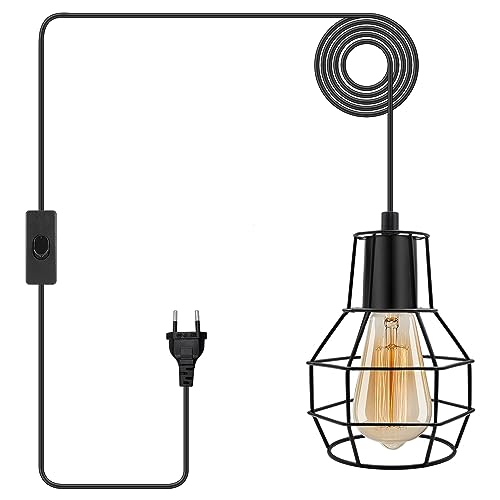 Vintage Hängelampe mit Stecker, Industrie Metall Käfig Pendellampe mit 600cm Kabel, Retro E27 Lampefassung Edison-Stil Schwarz, Plug in Hängeleuchte Kit für Farmhouse Loft Wohnzimmer von Crzpchas