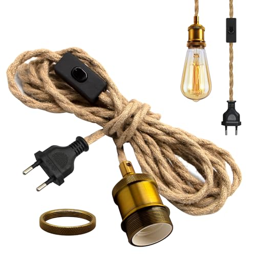 Vintage Hängelampe mit Stecker, Industrielle Hanfseil Pendelleuchte Kit,Retro E27 Lampefassung mit 510cm Kabel und Schalter,Messing Hängeleuchte für Schlafzimmer Wohnzimmer Küche, Ohne Glühbirne Vintage Hängelampe mit Stecker, Industrielle Hanfseil Pendelleuchte Kit,Retro E27 Lampefassung mit 510cm Kabel und Schalter,Messing Hängeleuchte für Schlafzimmer Wohnzimmer Küche, Ohne Glühbirne von Crzpchas