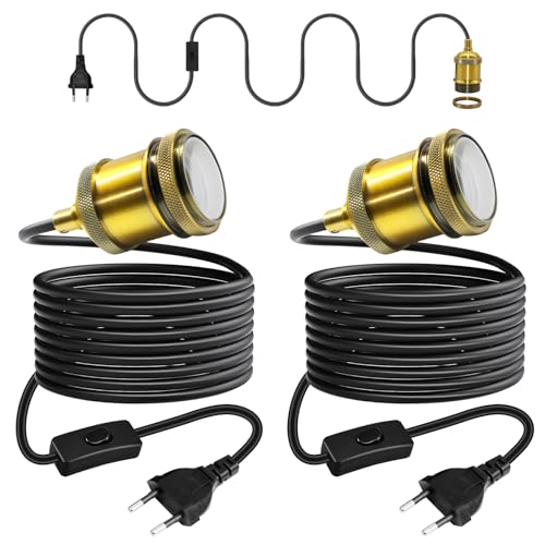 Vintage Messing Hängelampe mit Stecker in Kabel 5M, 2 Stück Schwarz Runden Kabel Pendelleuchte Kit, Industrielle Hängeleuchte mit Schalter, Retro Gold Kupfer E27 Fassung, für Loft, Ohne Glühbirne Vintage Messing Hängelampe mit Stecker in Kabel 5M, 2 Stück Schwarz Runden Kabel Pendelleuchte Kit, Industrielle Hängeleuchte mit Schalter, Retro Gold Kupfer E27 Fassung, für Loft, Ohne Glühbirne von Crzpchas