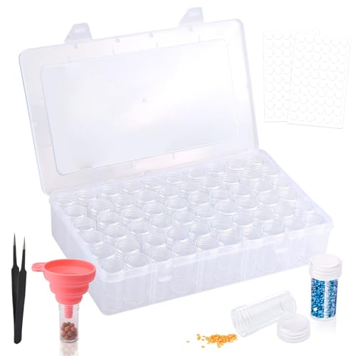 Csuntikulo 60 Stück 5D Diamond Painting Zubehör Aufbewahrungsbox mit Stickers Trichter Pinzette, Runde Kunststoff Perlen Nagel Kunst Aufbewahrung Behälter Malerei Zubehör DIY Basteln Schmuck Strass von Csuntikulo