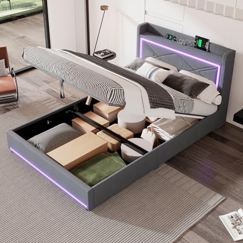 Ctastay Doppelbett Polsterbett 140x200 cm mit LED und USB, Bett Stauraumbett Jugendbett mit Hydraulischem Stauraum, Plattformbett Bettgestell mit Lattenrost, Leinen, Grau (Ohne Matratze) von Ctastay