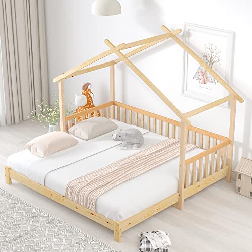 Ctastay Kinderbett Baumhausbett 90x200&180x200 cm, Einzelbett Doppelbett Ausziehbares Holzbett, Hausbett, Bettrahmen mit Lattenrost, Natur (Ohne Matratze) von Ctastay