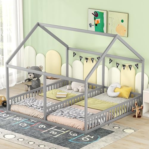 Ctastay Kinderbett Doppelbett Einzelbett 90x200 cm für 2 Kinder, Bett Hausbett Holzbett mit Dach und Rausfallschutz, Flachbett Tagesbett Bettgestell mit Lattenrost, Grau (Ohne Matratze) von Ctastay