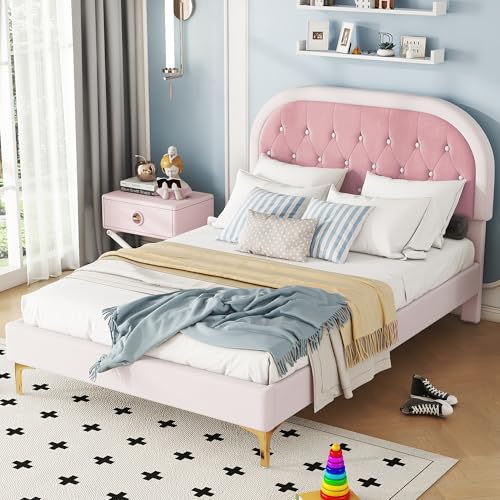 Ctastay Kinderbett Polsterbett 140x200 cm, Bett Doppelbett mit Polster-Kopfteil, Familienbett Jugendbett mit Lattenrost, Samt, Rosa (Ohne Matratze) von Ctastay