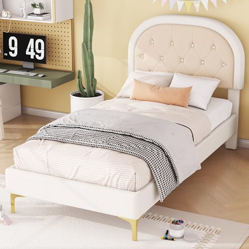 Ctastay Kinderbett Polsterbett 90x200 cm, Bett Einzelbett mit Polster-Kopfteil, Familienbett Jugendbett mit Lattenrost, Samt, Beige (Ohne Matratze) von Ctastay