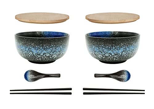 Ramen Schüssel Keramik 2 Set (8 Stück) mit Löffel Essstäbchen，1100 ML Großer Suppenschüssel,Salatschüsseln Für Suppe, Pho und Sushi Bowl (Blaue Schale 2 Set) von Cteahrow