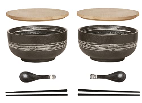 Ramen Schüssel Keramik 2 Set (8 Stück) mit Löffel Essstäbchen，1100 ML Großer Suppenschüssel,Salatschüsseln Für Suppe, Pho und Sushi Bowl (Grau Schale 2 Set) von Cteahrow