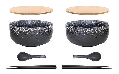 Ramen Schüssel Keramik 2 Set (8 Stück) mit Löffel Essstäbchen，1100 ML Großer Suppenschüssel,Salatschüsseln Für Suppe, Pho und Sushi Bowl (Stern schwarz 2 Set) von Cteahrow