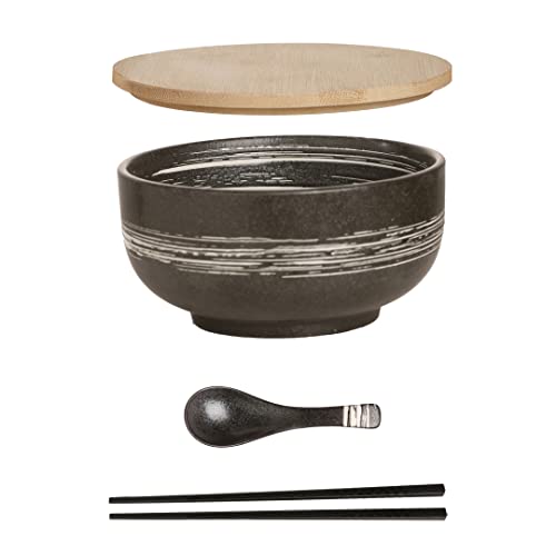 Ramen Schüssel Keramik Set mit Löffel Essstäbchen，1100 ML Großer Suppenschüssel,Salatschüsseln Für Suppe, Pho und Sushi Bowl (Grau Schale Set) von Cteahrow