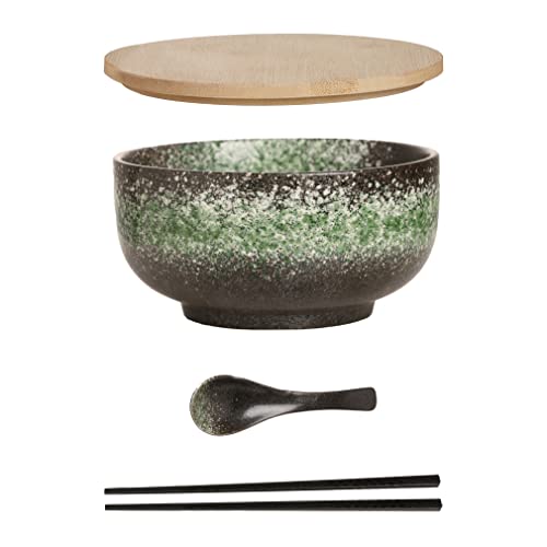 Ramen Schüssel Keramik Set mit Löffel Essstäbchen，1100 ML Großer Suppenschüssel,Salatschüsseln Für Suppe, Pho und Sushi Bowl (Grün Schale Set) von Cteahrow