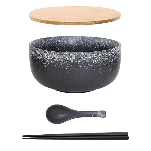 Ramen Schüssel Keramik Set mit Löffel Essstäbchen，1100 ML Großer Suppenschüssel,Salatschüsseln Für Suppe, Pho und Sushi Bowl (Stern schwarz Set) von Cteahrow