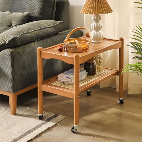 Cttasty Rattan-Beistelltisch mit Rollen, kleiner Beistelltisch mit Stauraum, schmaler Holz-Beistelltisch für Wohnzimmer, moderner schlanker Sofa-Nachttisch, 59,5 cm B x 33 cm T x 50 cm H, Naturfarben von Cttasty