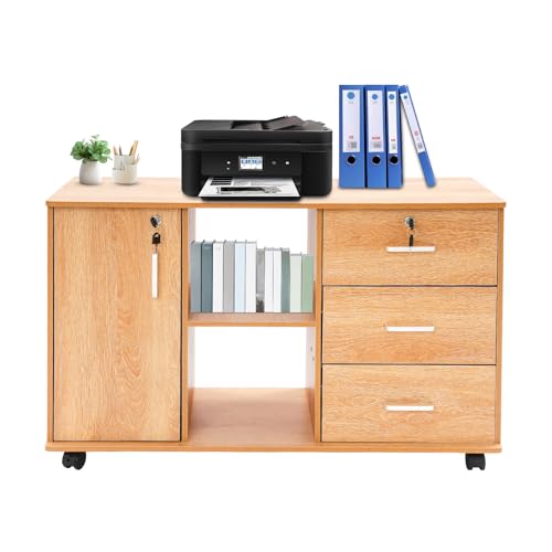 CuCummoo Rollcontainer, Abschließbar, mit 3 Schubladen, Schließvorrichtung und Schrankfach, 5 Rollen, 90x34x59cm Büroschrank Für Büro, Homeoffice, Arbeitszimmer (Holzfarbe) von CuCummoo