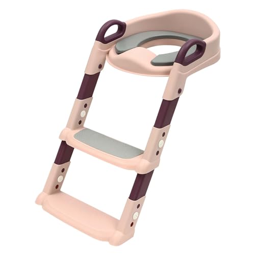 Kinder Toilettensitz Toilettentrainer mit Treppe Höhenverstellbar Kinder Toiletten Trainer Mit Abnehmbare PU-Kissen Stabilen Rutschfester Tritt Und Sicherheitsgriff Toilettentrainer (Pink) von CuCummoo