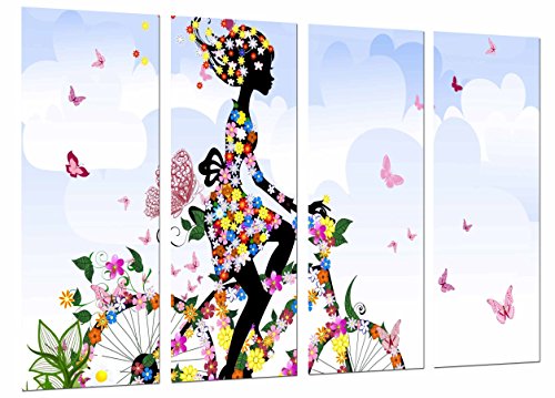 Wandbild - Frühlings-Mädchen-Frauen-Fahrrad-Blumen, Schmetterlings-Natur, 131 x 62 cm, Holzdruck - XXL Format - Kunstdruck, ref.27075 von Cuadros Cámara