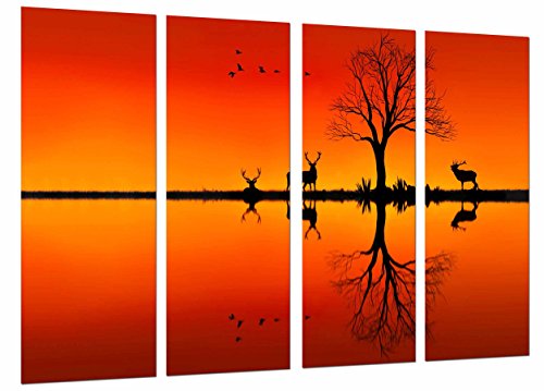 Wandbild - Natur-See-Schattenbild-Tierrotwild-Vogel-Baum-Orange, 131 x 62 cm, Holzdruck - XXL Format - Kunstdruck, ref.27057 von Cuadros Cámara