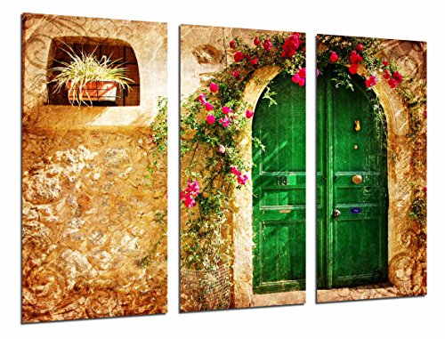 Wandbild - Fantasie-Haus, grüne Tür mit Blumen, 97 x 62 cm, Holzdruck - XXL Format - Kunstdruck, ref.26816 von Cuadros Cámara