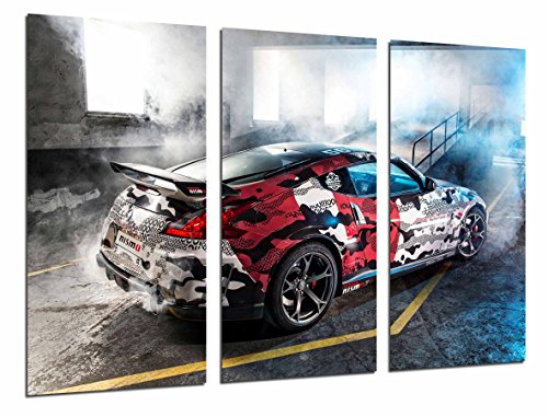 Wandbild - Autorennen Rally Nissan Same, Garage mit Rauch, 97 x 62 cm, Holzdruck - XXL Format - Kunstdruck, ref.26975 von Cuadros Cámara