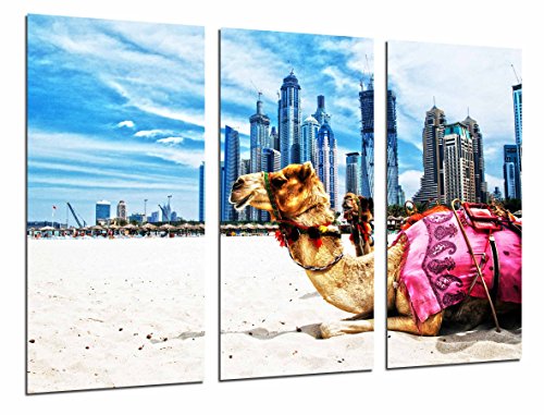 Wandbild - Dubai-Stadt-Landschaft, mit Tierkamelen in der Wüste, 97 x 62 cm, Holzdruck - XXL Format - Kunstdruck, ref.26955 von Cuadros Cámara