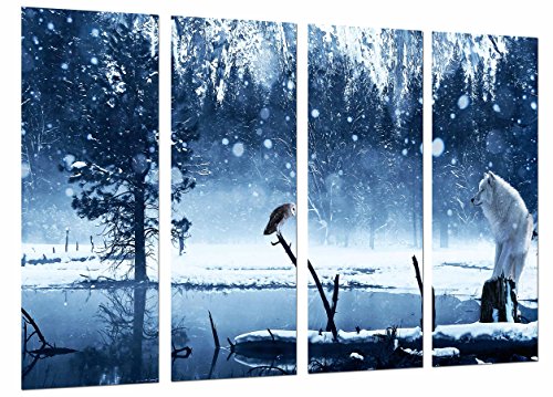 Wandbild - Eissee, Winter, Eule und weißer Wolf, 131 x 62 cm, Holzdruck - XXL Format - Kunstdruck, ref.26640 von Cuadros Cámara