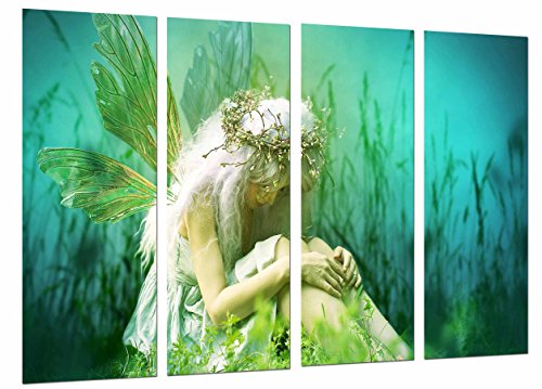 Wandbild - Fantasie-blonde Frau, feenhafte Flügel traurige grüne Natur, 131 x 62 cm, Holzdruck - XXL Format - Kunstdruck, ref.27071 von Cuadros Cámara
