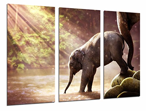 Wandbild - Sonnenuntergang-See-Natur-Tierzucht-Elefant und Mutter, 97 x 62 cm, Holzdruck - XXL Format - Kunstdruck, ref.26925 von Cuadros Cámara