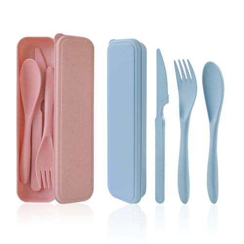 Besteck Set, 2 Plastik Besteck, Besteck FüR Unterwegs, Tragbares Reisegeschirr Set, Geeignet FüR Schulen, Lunchboxen, Camping, Partys Und Familien (Rosa + Blau) von Cuayaes