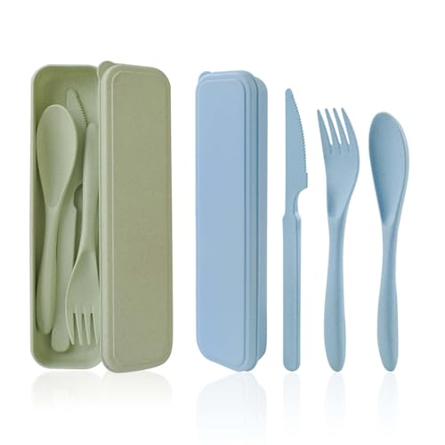 Besteck-Set mit Etui, 2-teiliges tragbares Kunststoff-Besteck Camping-Utensilien-Set, wiederverwendbares Reisegeschirr Messer Löffel Gabel Set für Outdoor Reise Picknick Büro Schule (Grün + Blau) von Cuayaes