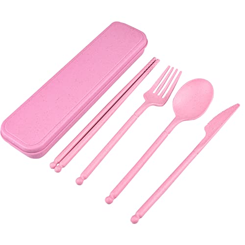 Besteck aus Kunststoff, wiederverwendbar, Picknickbesteck, Campingbesteck, tragbar, Besteck, Lunch Box, Messer, Gabel, Löffel, Essstäbchen-Set (Rosa) von Cuayaes