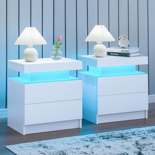 Cubehom Nachttisch 2er Set mit LED Weiß Beistelltisch 2er Set Nachtkommode mit 2 Schubladen für Wohnzimmer, Schlafzimmer Cubehom Nachttisch 2er Set mit LED Weiß Beistelltisch 2er Set Nachtkommode mit 2 Schubladen für Wohnzimmer, Schlafzimmer von Cubehom