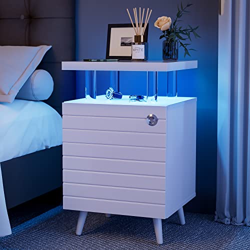 Cubehom LED Nachttisch Weiss Nachtschrank mit 2 Ablagen Nachtkästchen für Schlafzimmer, Wohnzimmer, Büro von Cubehom
