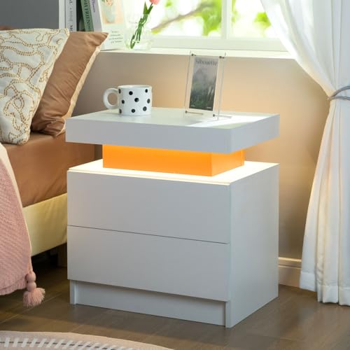 Cubehom Nachttisch Led mit 2 Schubladen, Nachtschrank Schwarz mit 3 Farben Lichtern, Nachtkommode für Schlafzimmer, Wohnzimmer, Büro, Weiß+Rot von Cubehom